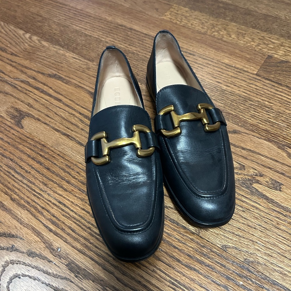Boden Black Leather Loafers with Gold Buckle